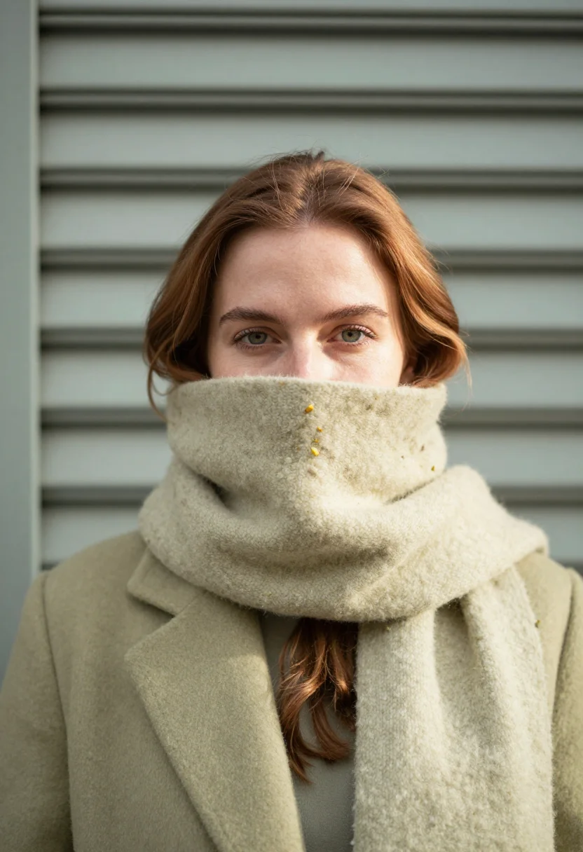 AI mohair scarf pistachio sample — portrait of a woman, framed head and shoulders, tighter, the