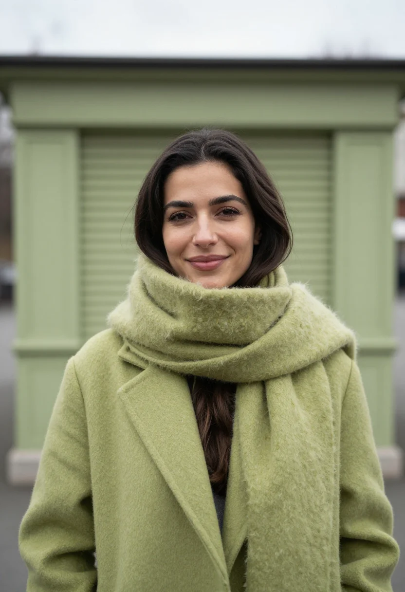 AI mohair scarf pistachio sample — portrait of a woman, framed head and shoulders, tighter, the