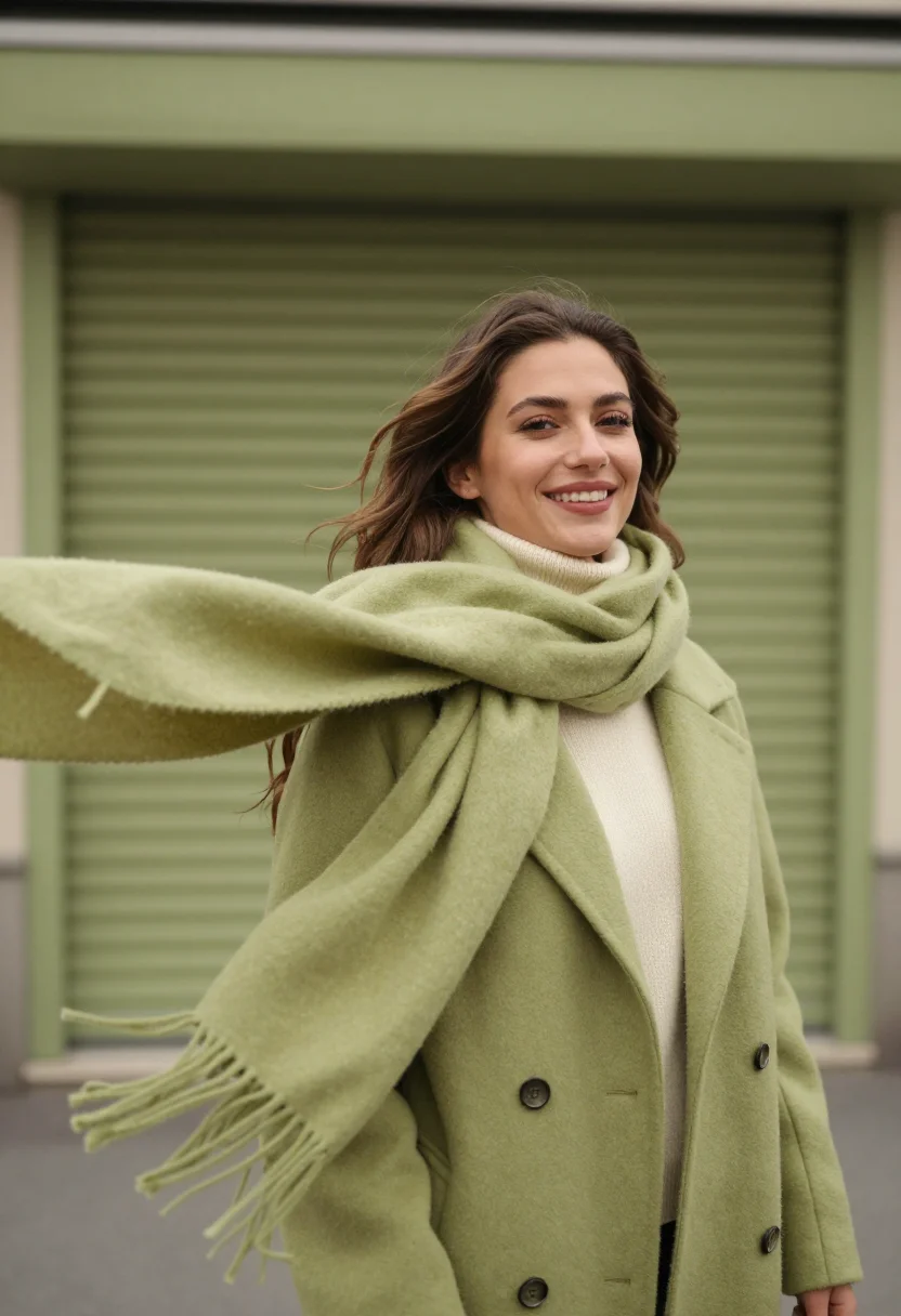 AI mohair scarf pistachio sample — portrait of a woman, framed head and shoulders, tighter, the