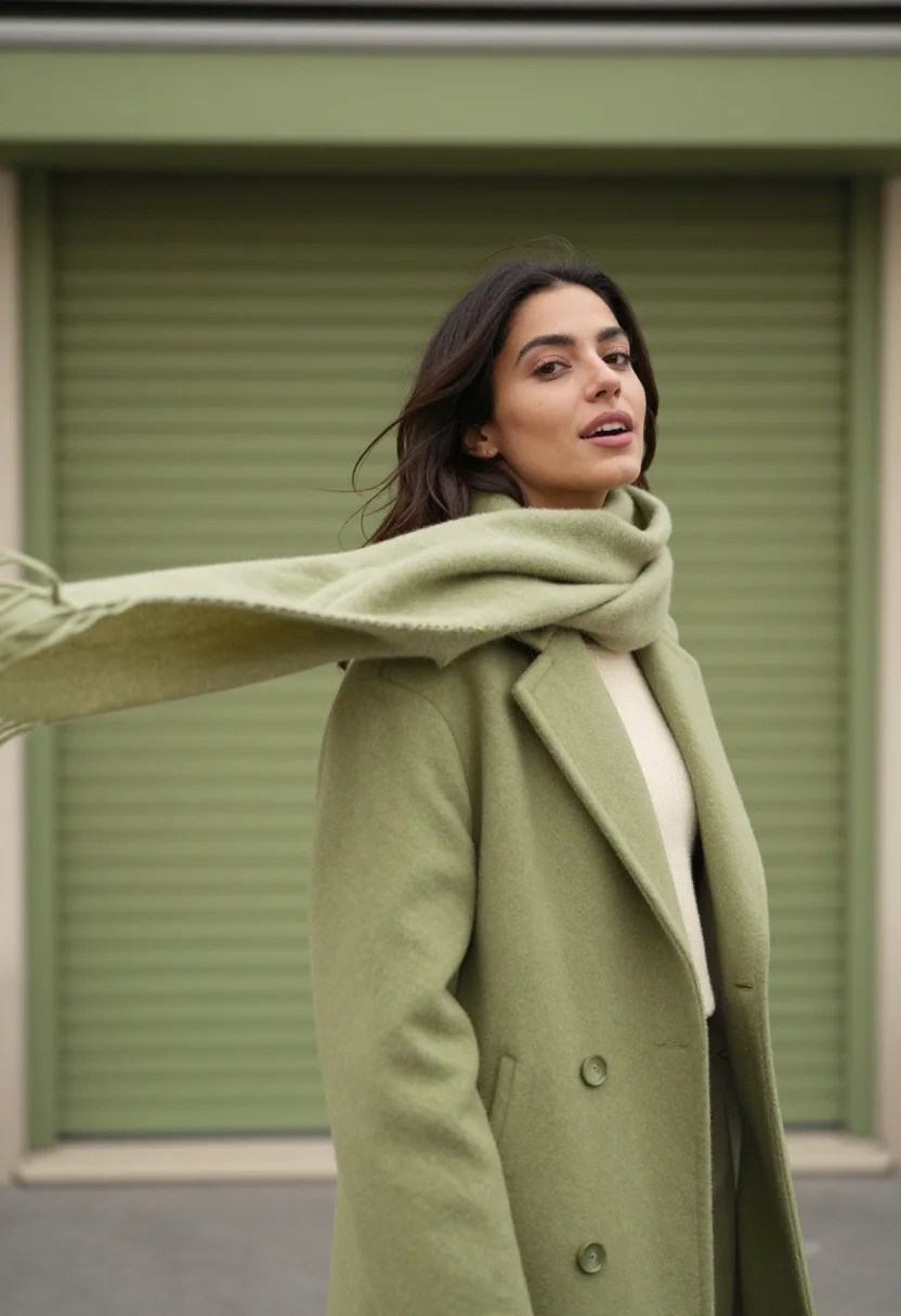 AI mohair scarf pistachio sample — portrait of a woman, framed chest-up from the ribs with the