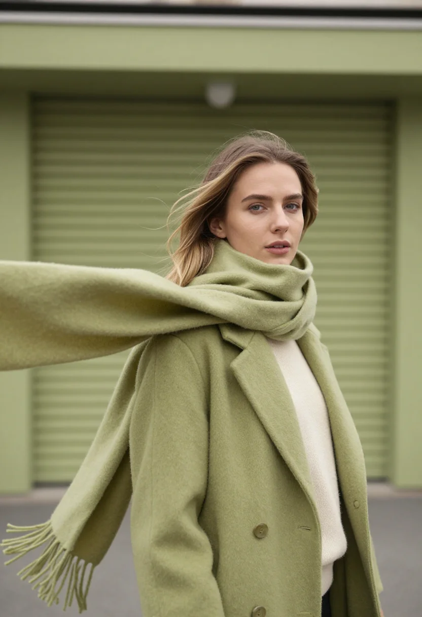 AI mohair scarf pistachio sample — portrait of a woman, framed as a tight headshot from the cro