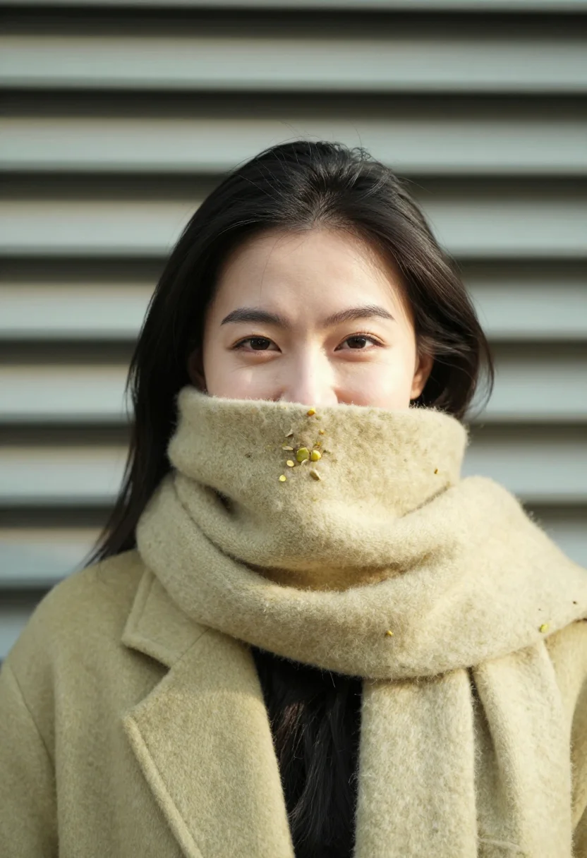 AI mohair scarf pistachio sample — portrait of a woman, framed as a tight headshot from the cro