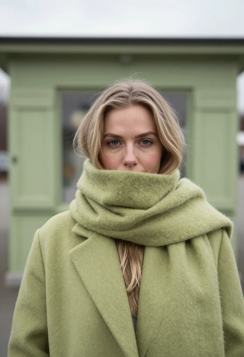 AI mohair scarf pistachio sample — portrait of a woman, framed as a tight headshot from the cro