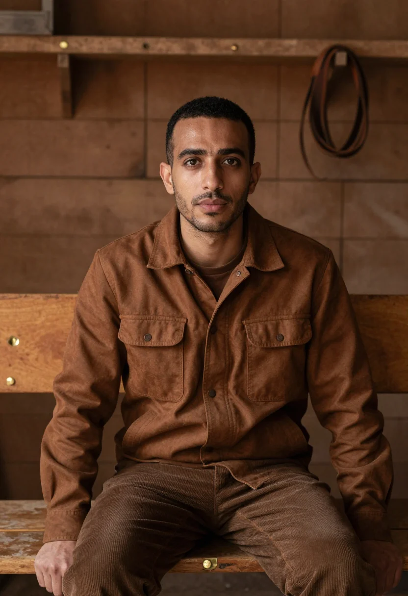 AI moleskin chore jacket brown sample — portrait of a man, framed chest-up from the ribs with the bo
