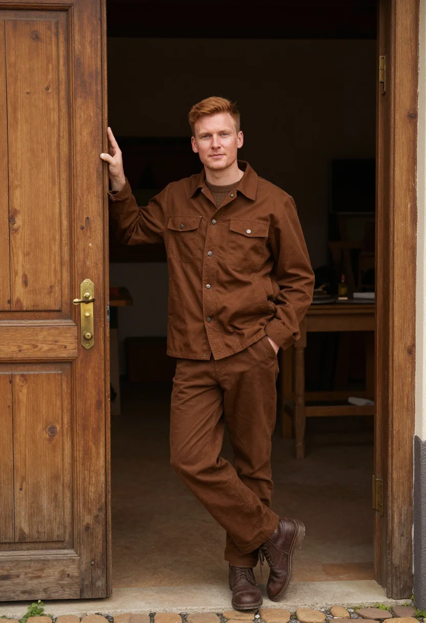 AI moleskin chore jacket brown sample — portrait of a man, framed half-length from the waist up, a m