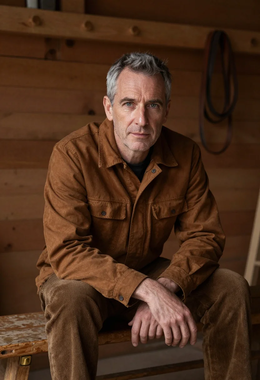 AI moleskin chore jacket brown sample — portrait of a man, framed half-length from the waist up, a m