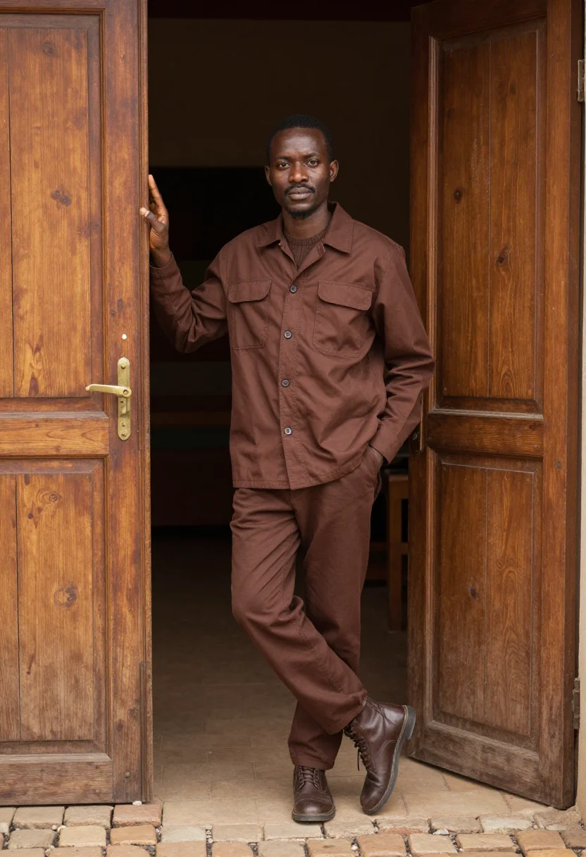 AI moleskin chore jacket brown sample — portrait of a man, framed full-length from the boots to just