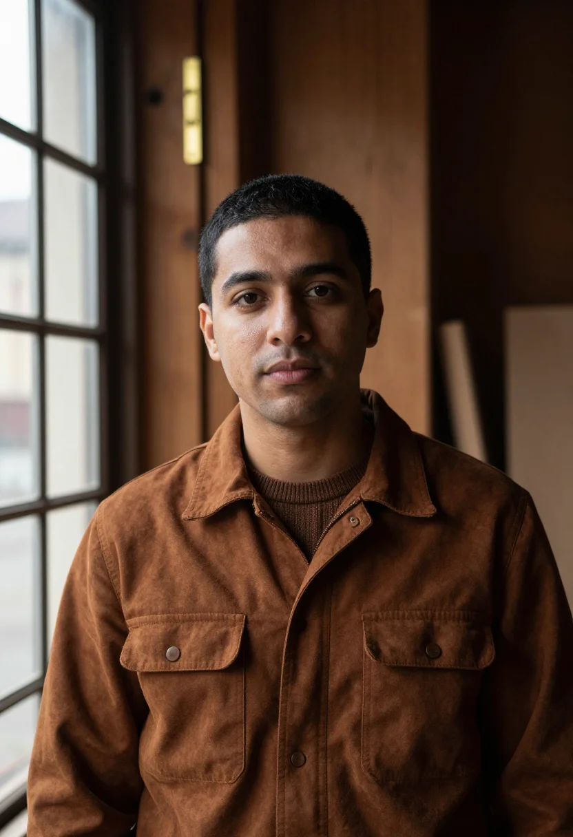 AI moleskin chore jacket brown sample — portrait of a man, framed tight, head and shoulders, the bod