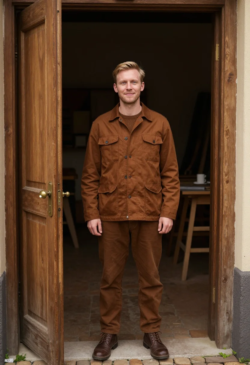 AI moleskin chore jacket brown sample — portrait of a man, framed chest-up from the ribs with the bo
