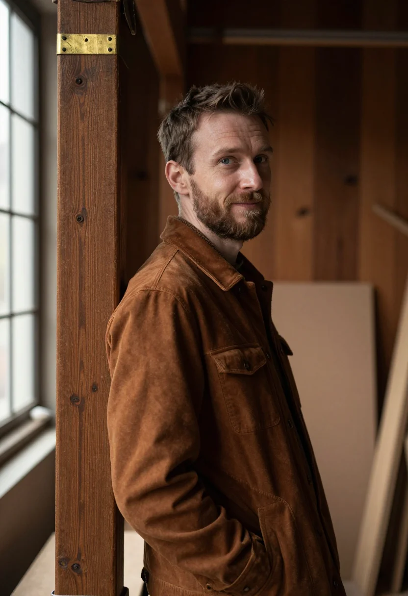 AI moleskin chore jacket brown sample — portrait of a man, framed half-length from the waist up, a m