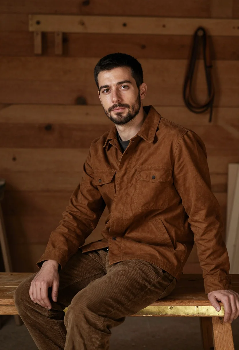 AI moleskin chore jacket brown sample — portrait of a man, framed three-quarter length from the knee