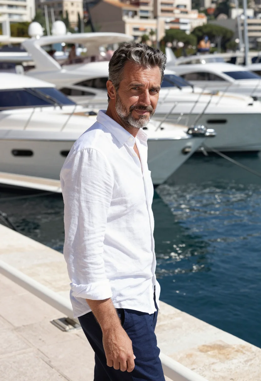 AI monaco grand prix port hercule yacht navy white sample — portrait of a man, a race-weekend guest in his forties with