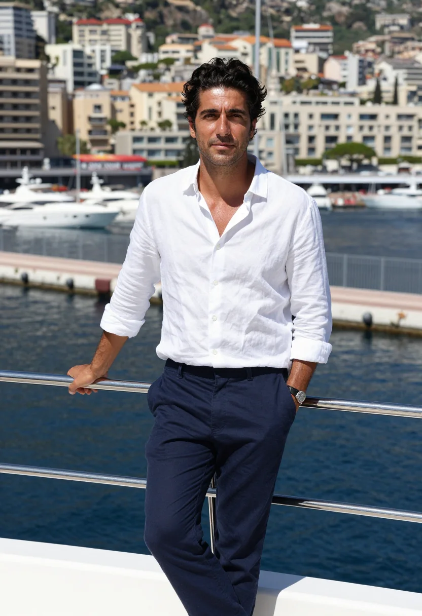AI monaco grand prix port hercule yacht navy white sample — portrait of a man, a race-weekend guest in his late thirties