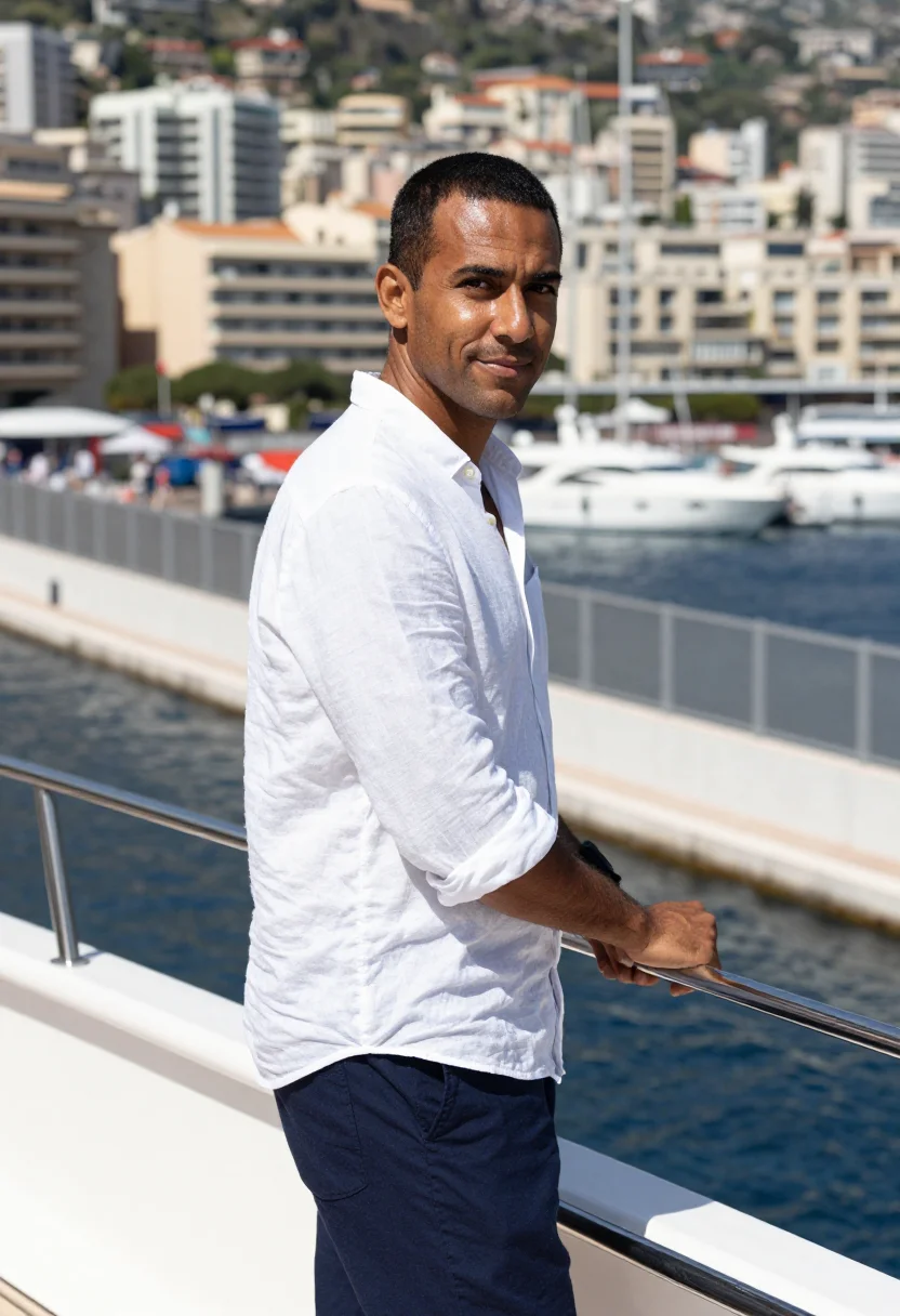 AI monaco grand prix port hercule yacht navy white sample — portrait of a man, a race-weekend guest in his early thirtie