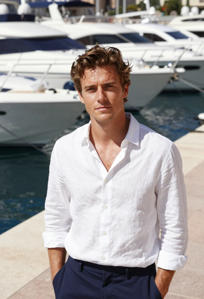 AI monaco grand prix port hercule yacht navy white sample — portrait of a man, a race-weekend guest in his late twenties