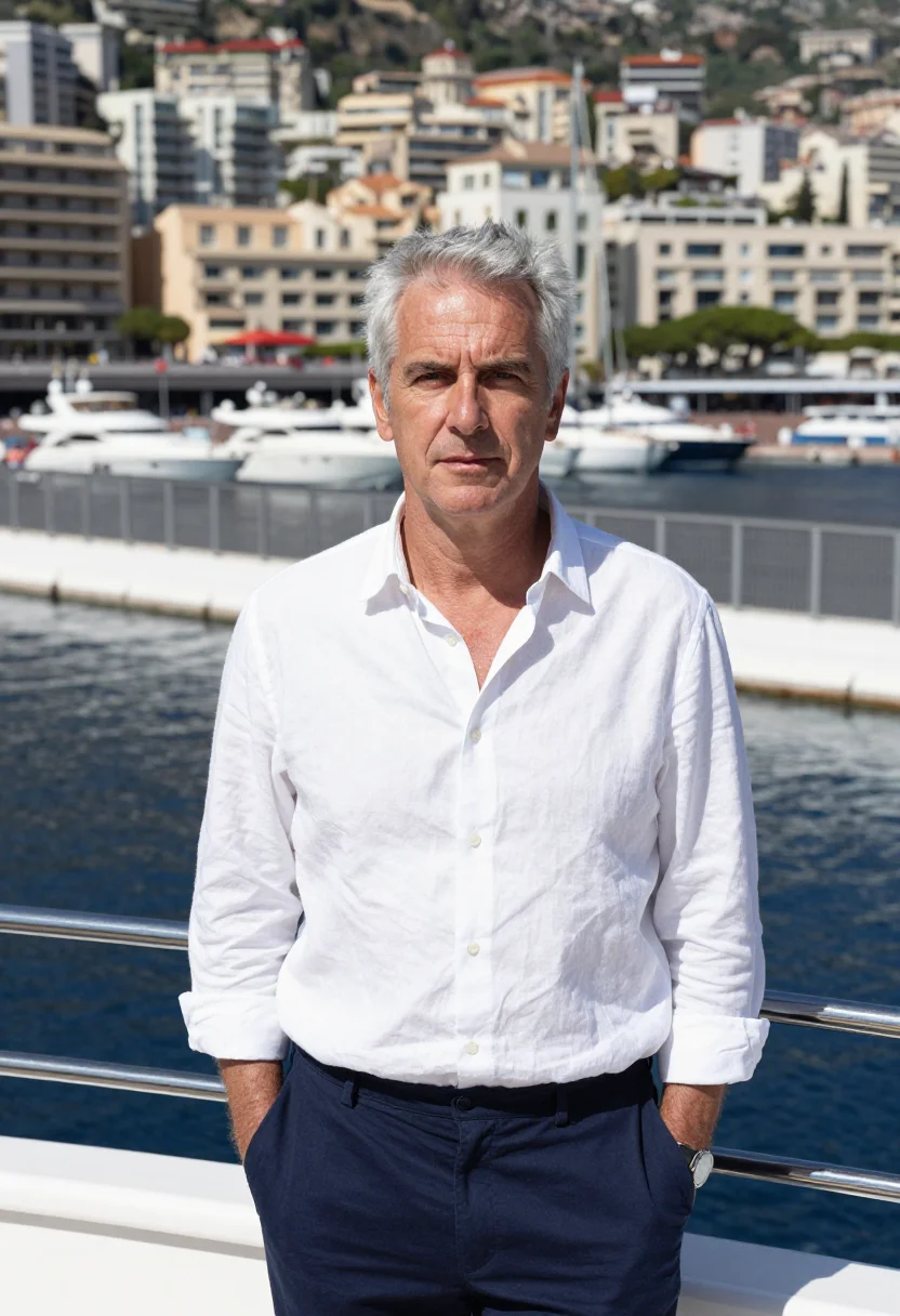 AI monaco grand prix port hercule yacht navy white sample — portrait of a man, a race-weekend guest in his fifties with