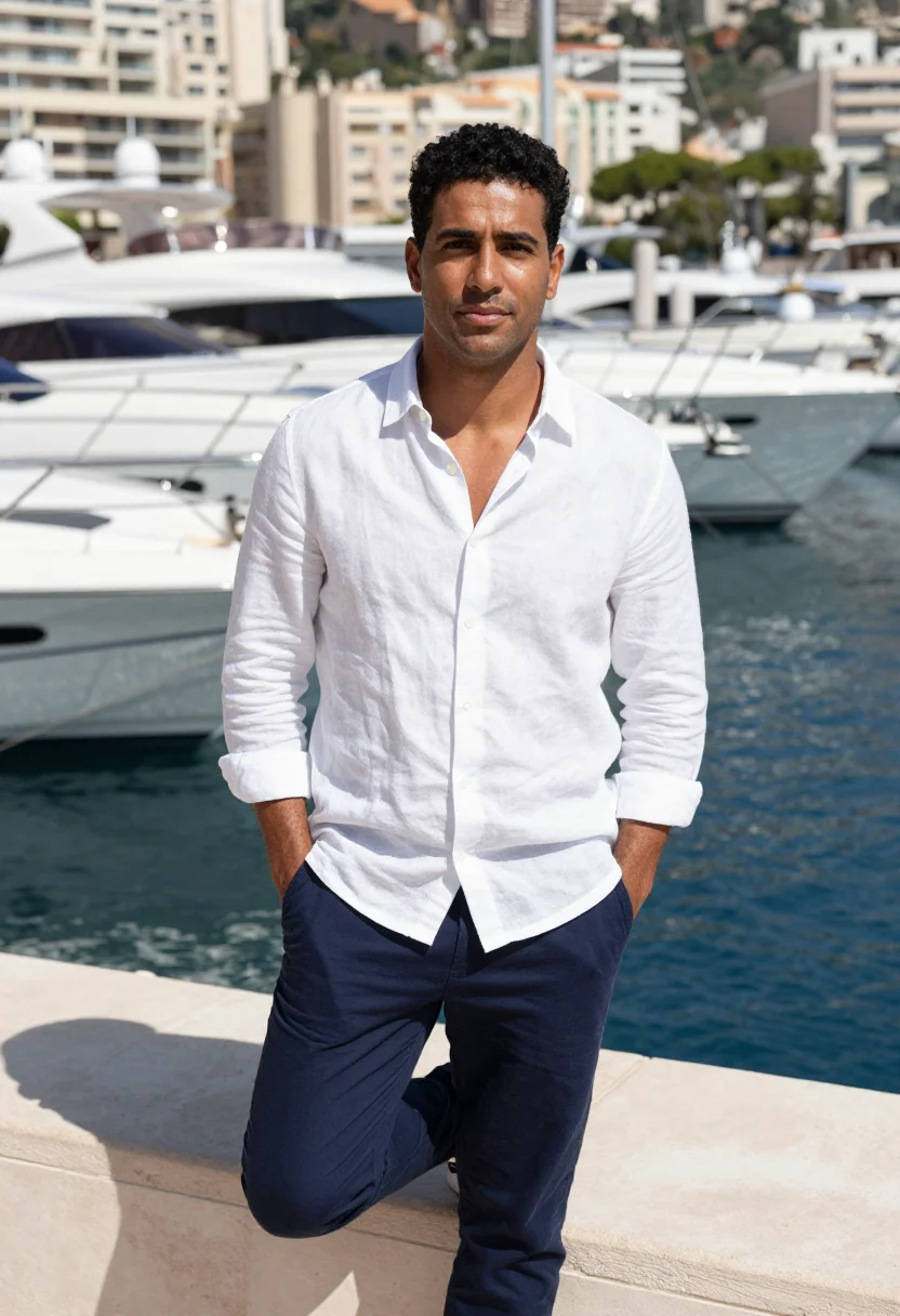 AI monaco grand prix port hercule yacht navy white sample — portrait of a man, a race-weekend guest in his early thirtie
