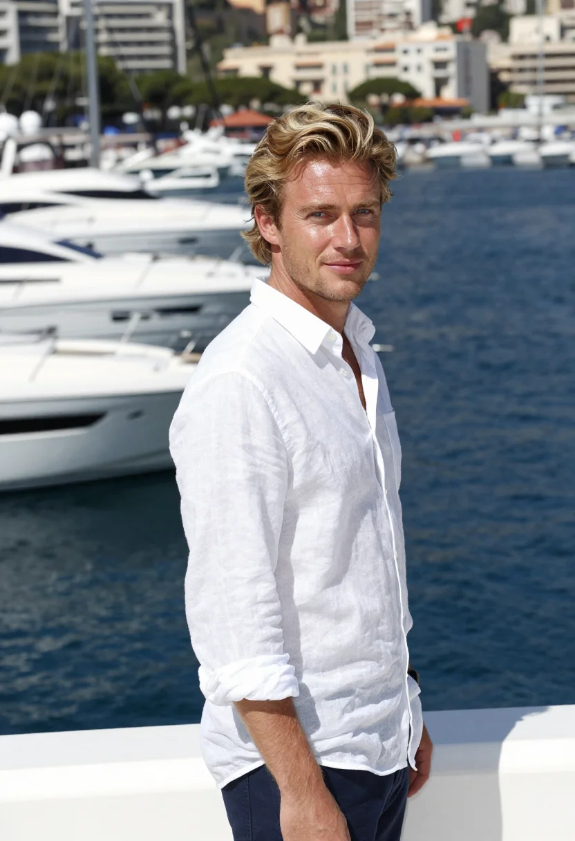 AI monaco grand prix port hercule yacht navy white sample — portrait of a man, a race-weekend guest in his late twenties