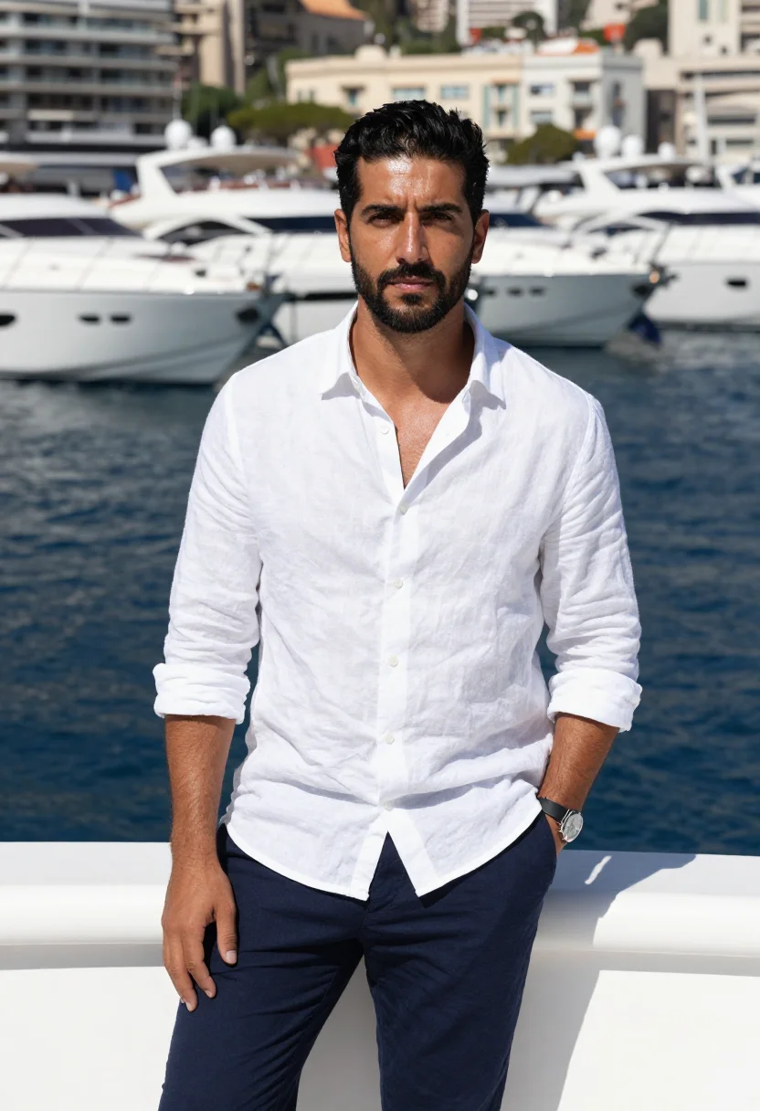 AI monaco grand prix port hercule yacht navy white sample — portrait of a man, a race-weekend guest in his early forties