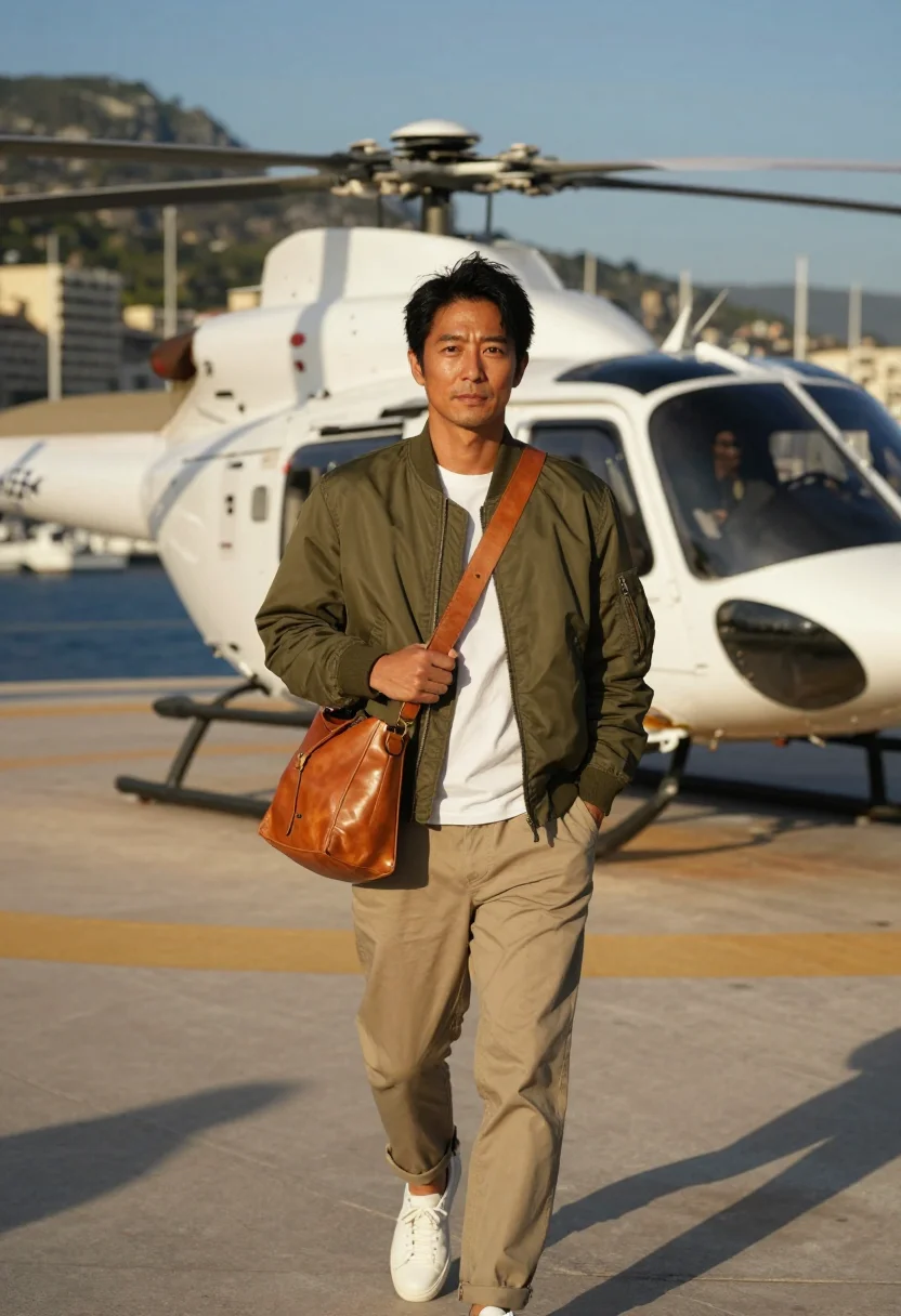 AI monaco helipad sample — portrait of a man, three-quarter-length portrait of a Japane