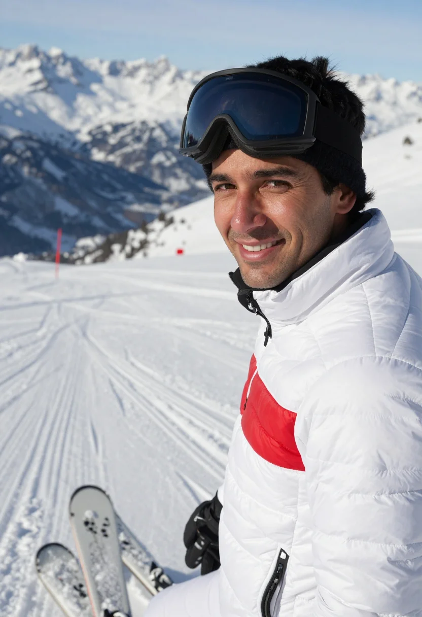 AI moncler grenoble courchevel white sample — portrait of a man, framed tight, head and shoulders, the bod