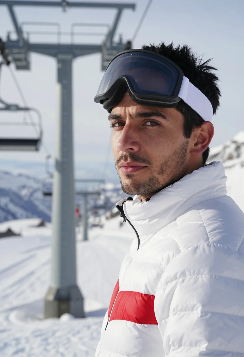 AI moncler grenoble courchevel white sample — portrait of a man, framed tight, head and shoulders, the bod
