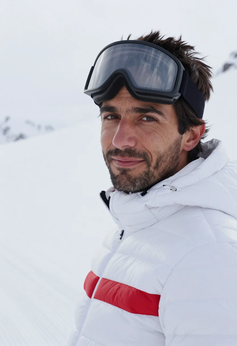 AI moncler grenoble courchevel white sample — portrait of a man, framed tight, head and shoulders, the bod
