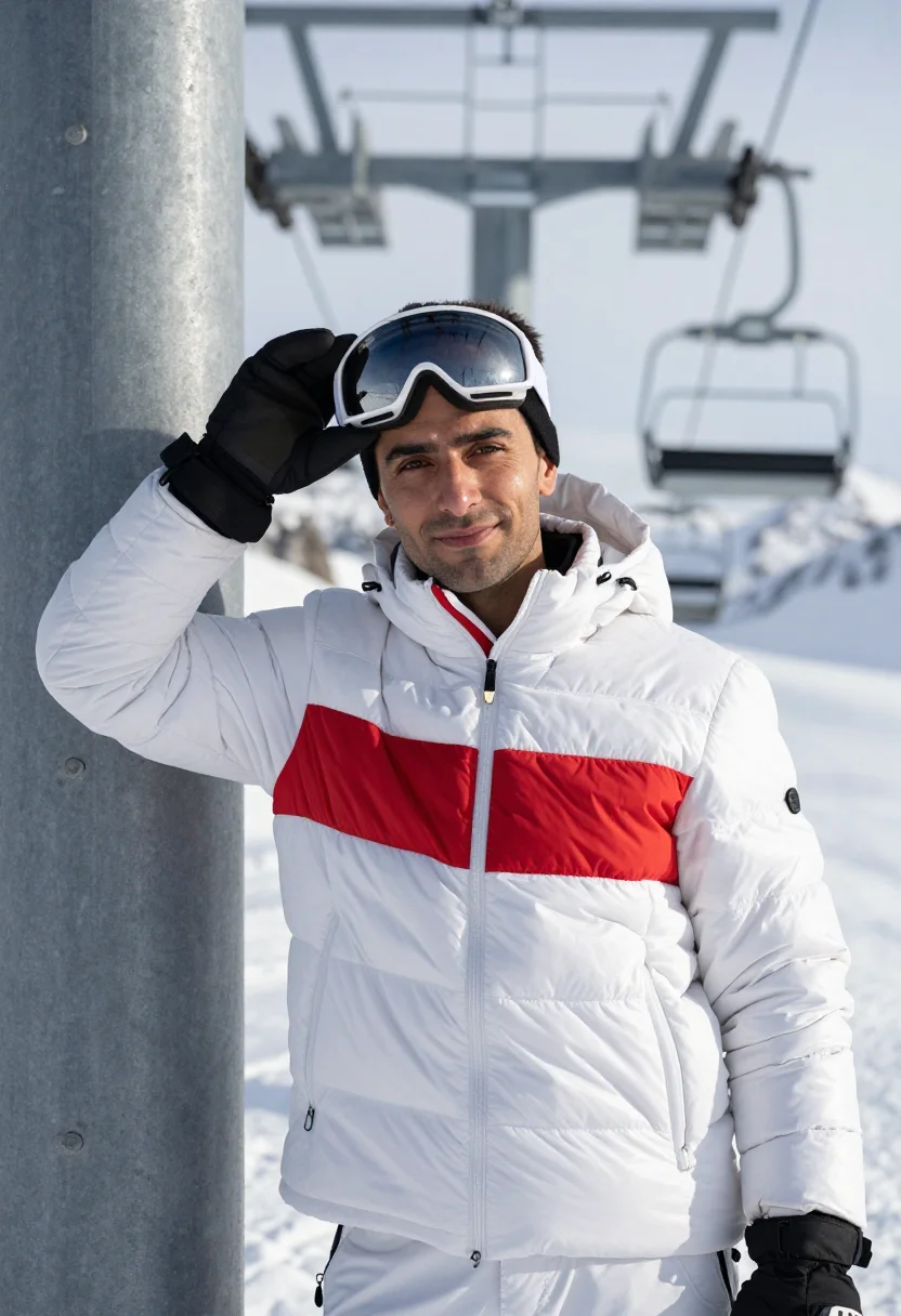 AI moncler grenoble courchevel white sample — portrait of a man, framed chest-up, the crop at the lower ri