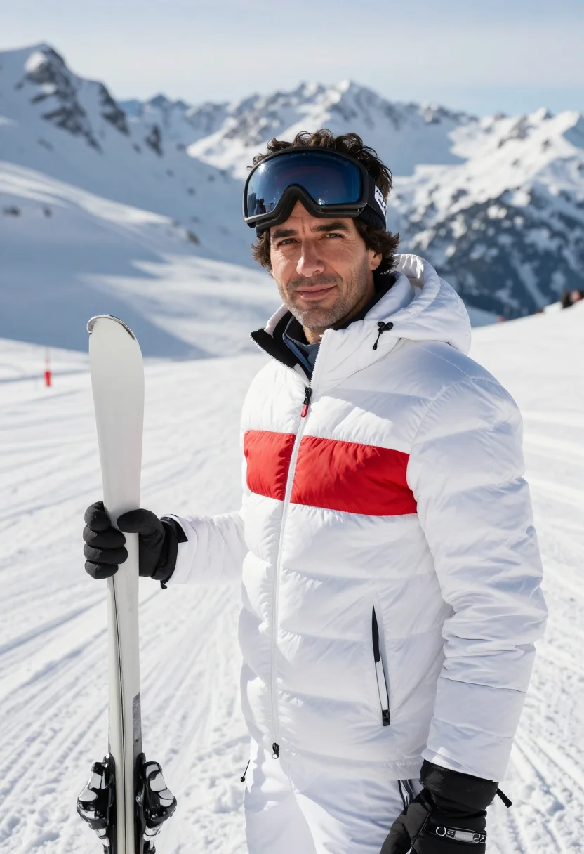 AI moncler grenoble courchevel white sample — portrait of a man, framed chest-up, the crop at the lower ri
