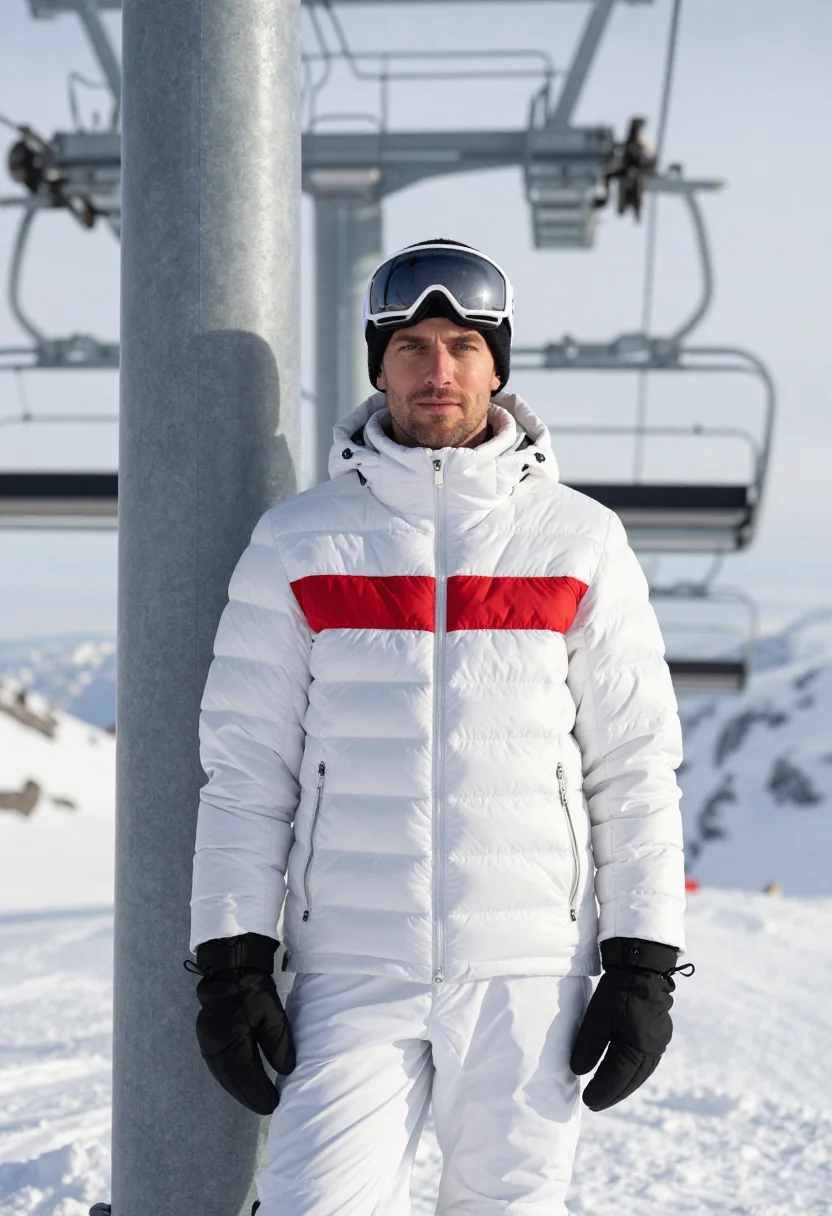 AI moncler grenoble courchevel white sample — portrait of a man, framed half-length from the crown to the