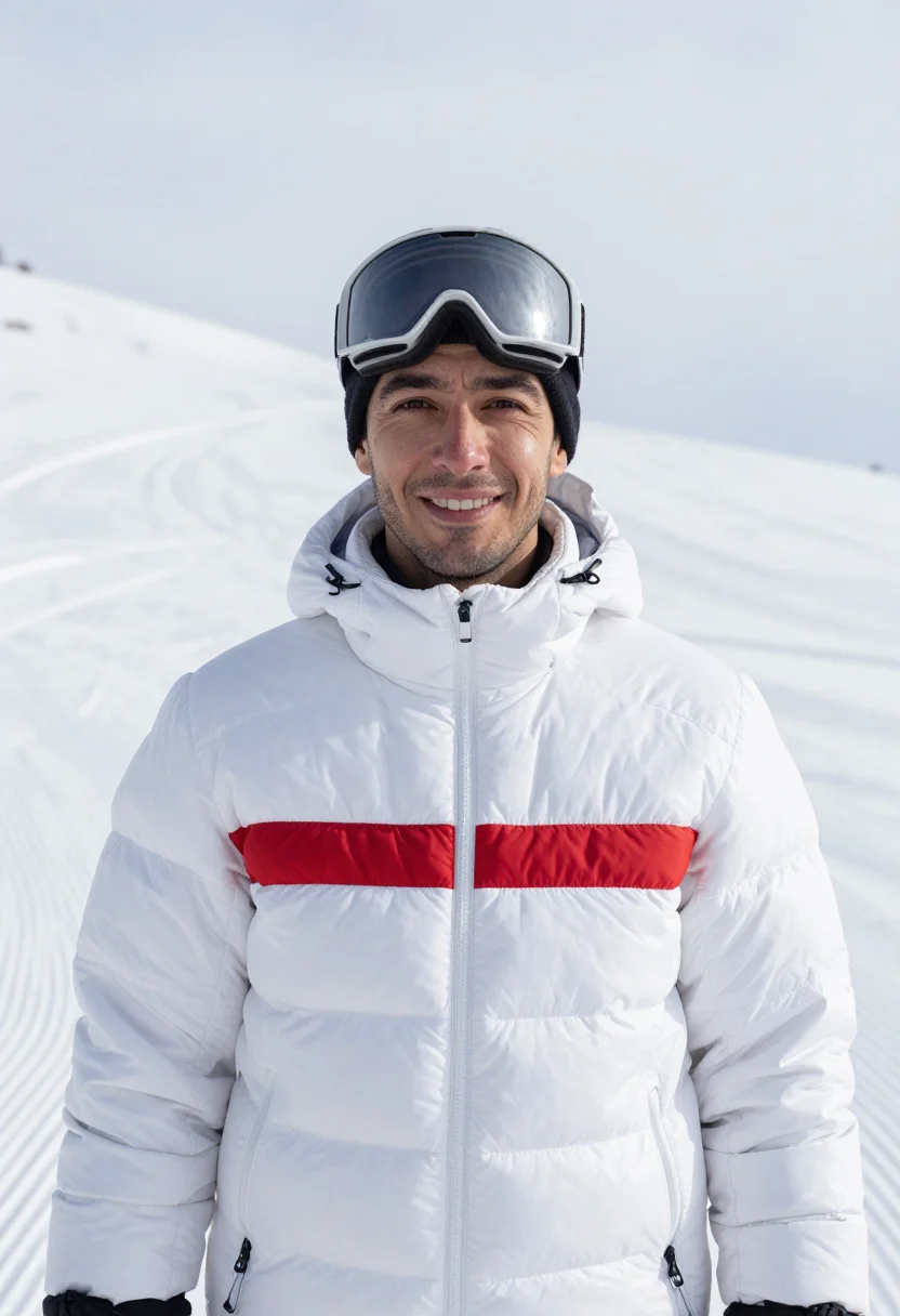 AI moncler grenoble courchevel white sample — portrait of a man, framed chest-up, the crop at the lower ri