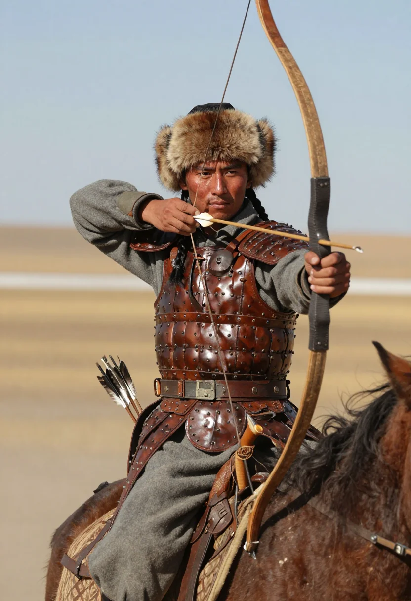 AI mongol horse archer sample — portrait of a man, chest-up portrait of a Central-Asian man
