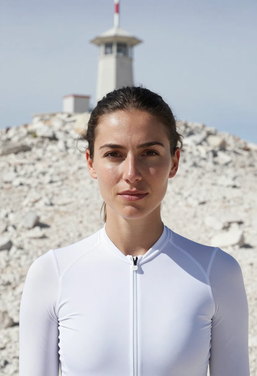 AI mont ventoux summit white limestone sample — portrait of a woman, a cyclist in her late twenties with oli