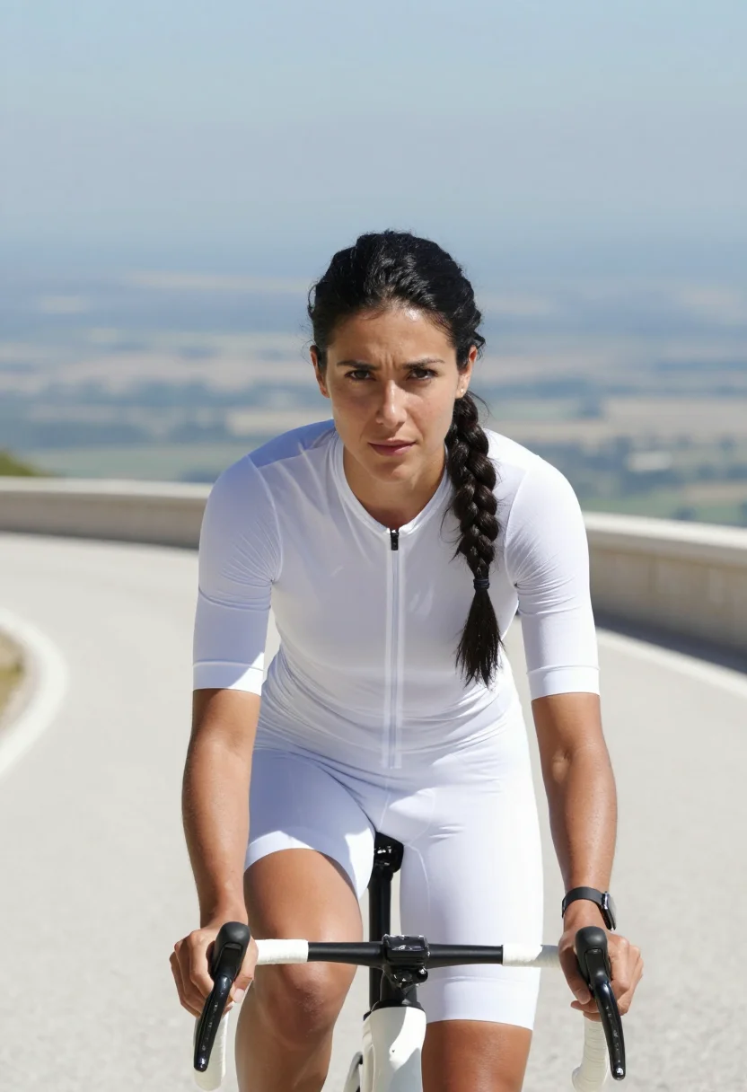 AI mont ventoux summit white limestone sample — portrait of a woman, a cyclist in her early thirties with ol