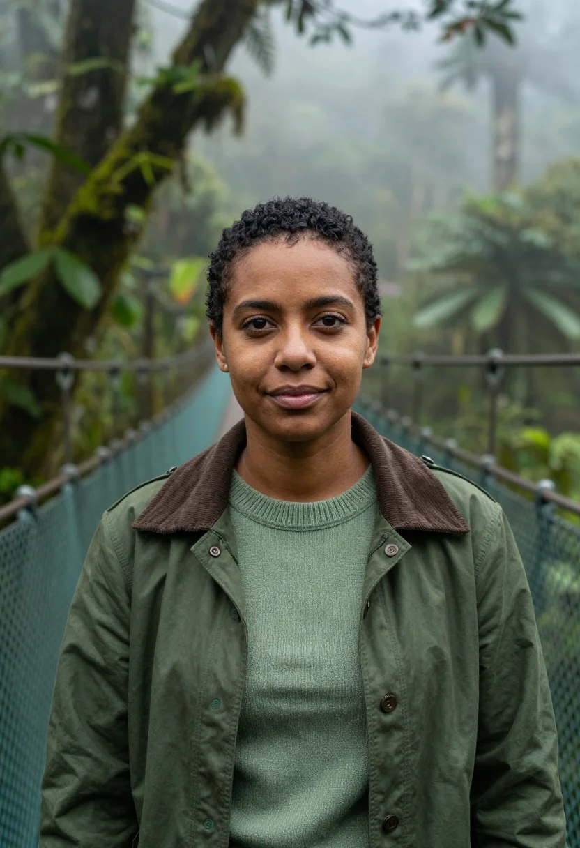 AI monteverde biologist cloud forest moss sample — portrait of a woman, an Afro-Costa Rican biologist in her ea