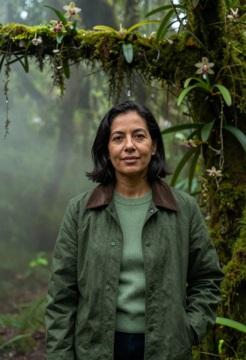 AI monteverde biologist cloud forest moss sample — portrait of a woman, a Costa Rican biologist in her late for