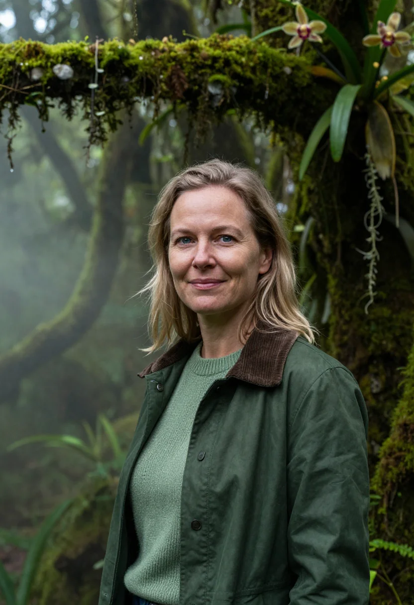 AI monteverde biologist cloud forest moss sample — portrait of a woman, a Dutch biologist in her early forties