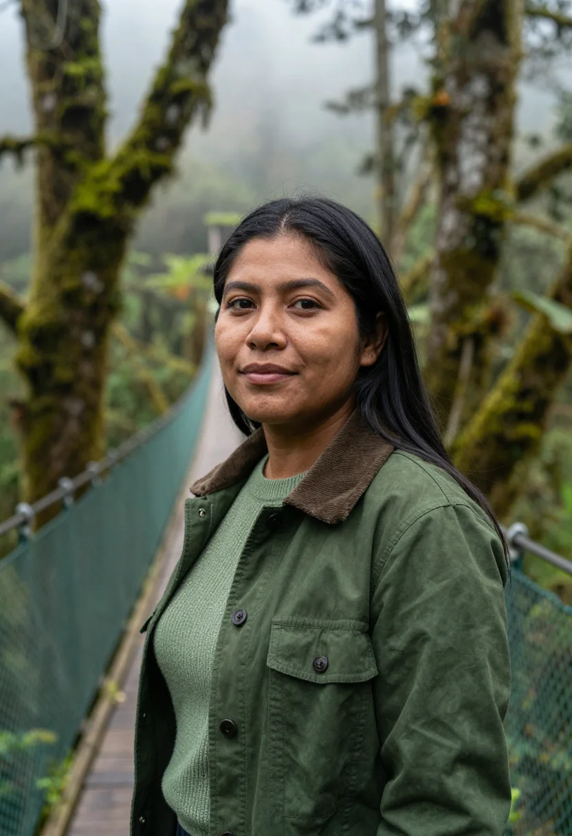 AI monteverde biologist cloud forest moss sample — portrait of a woman, a Bribri biologist in her mid-thirties