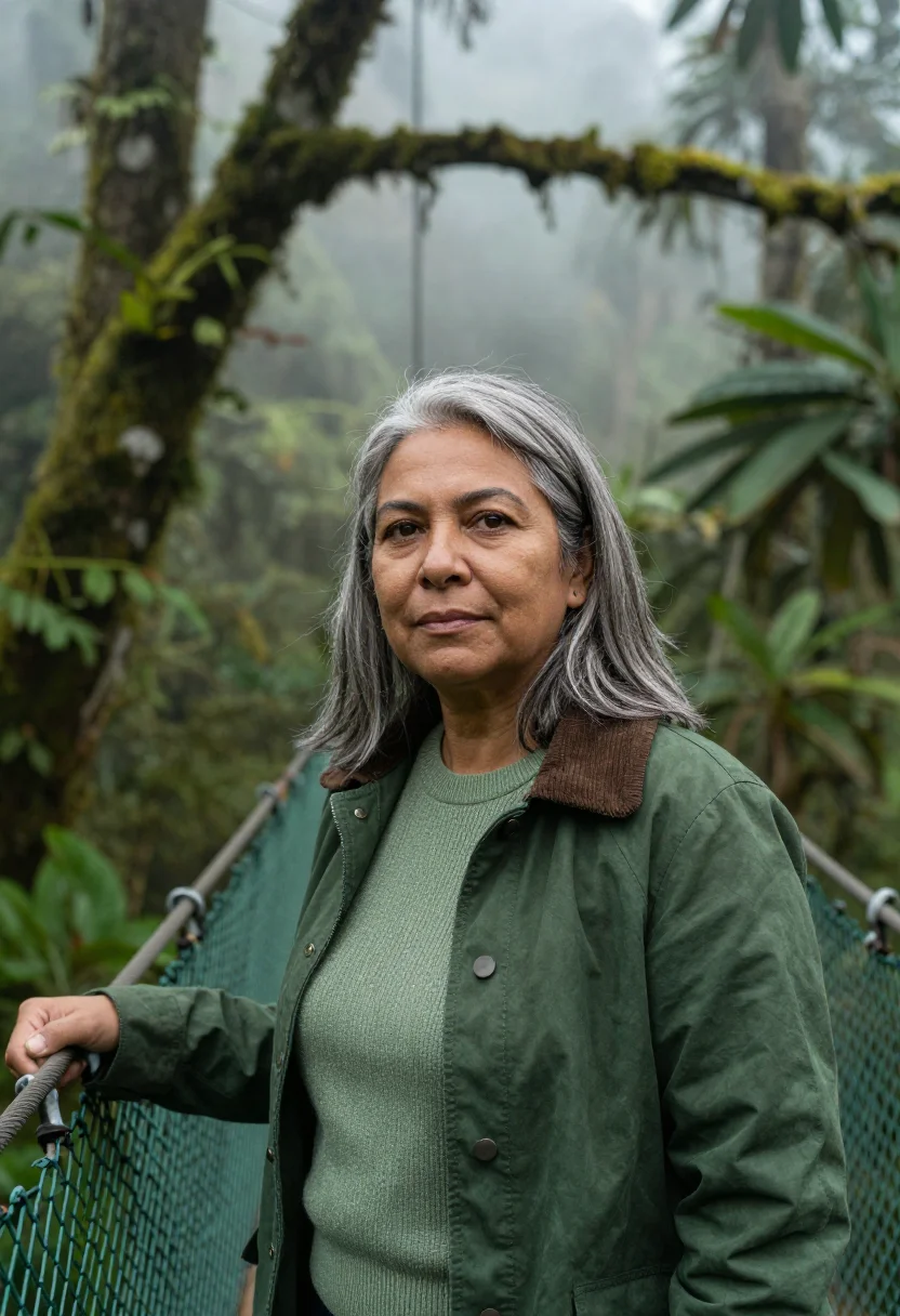AI monteverde biologist cloud forest moss sample — portrait of a woman, a Costa Rican biologist in her mid-fift