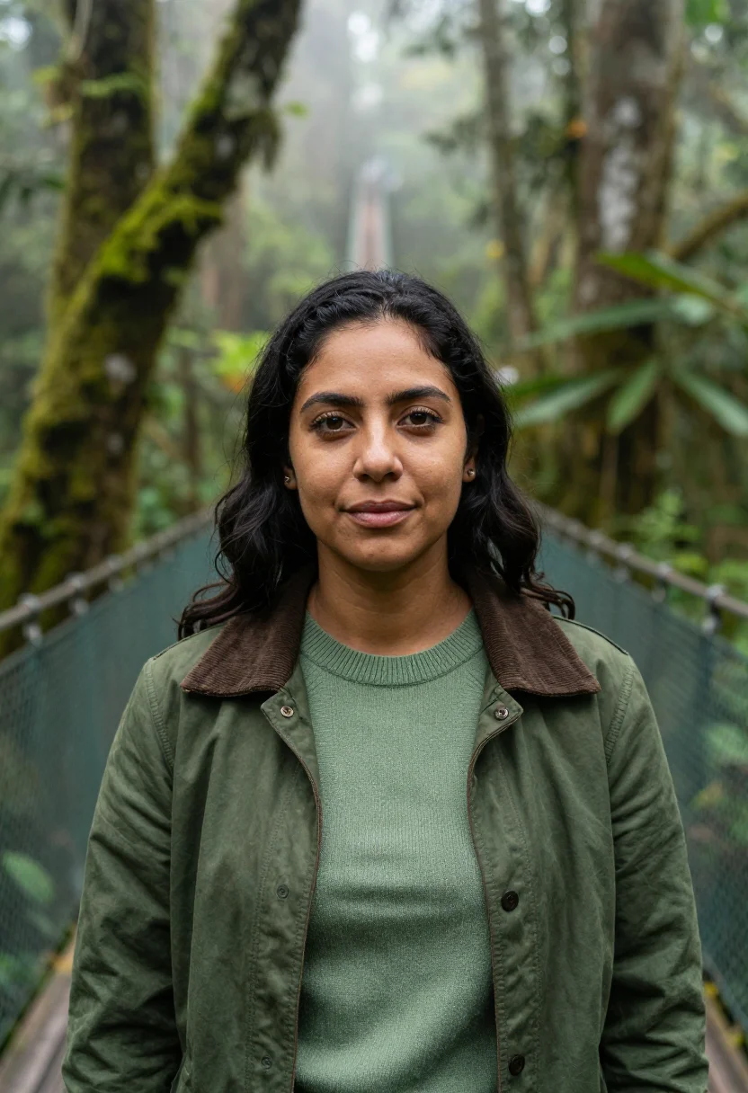 AI monteverde biologist cloud forest moss sample — portrait of a woman, a Costa Rican biologist in her early fo