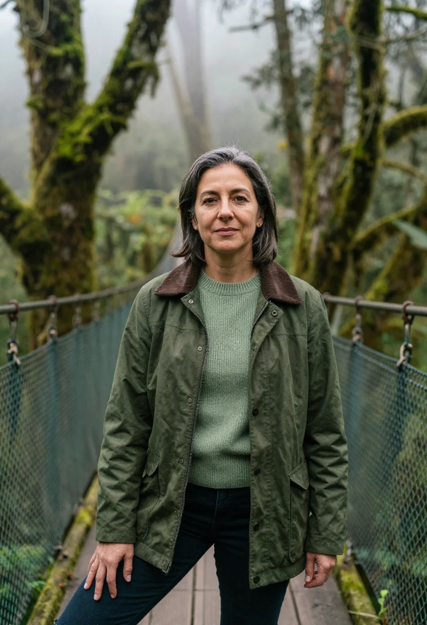 AI monteverde biologist cloud forest moss sample — portrait of a woman, a Spanish biologist in her early fiftie