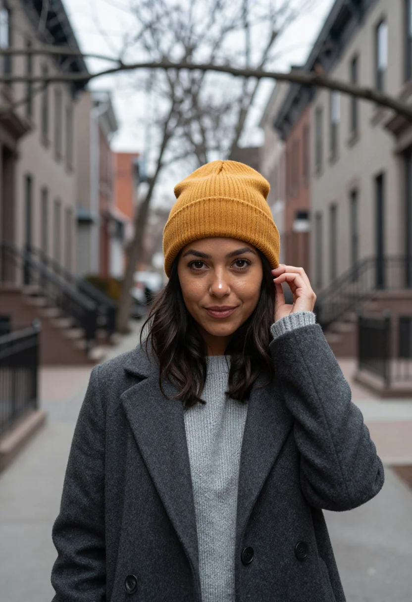 AI montreal mile end designer mustard sample — portrait of a woman, chest-up portrait of a Portuguese-Canad