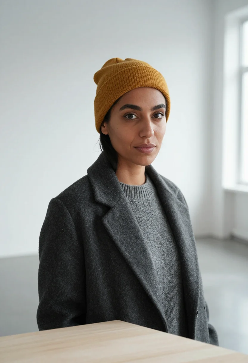 AI montreal mile end designer mustard sample — portrait of a woman, close headshot of a Lebanese-Canadian w