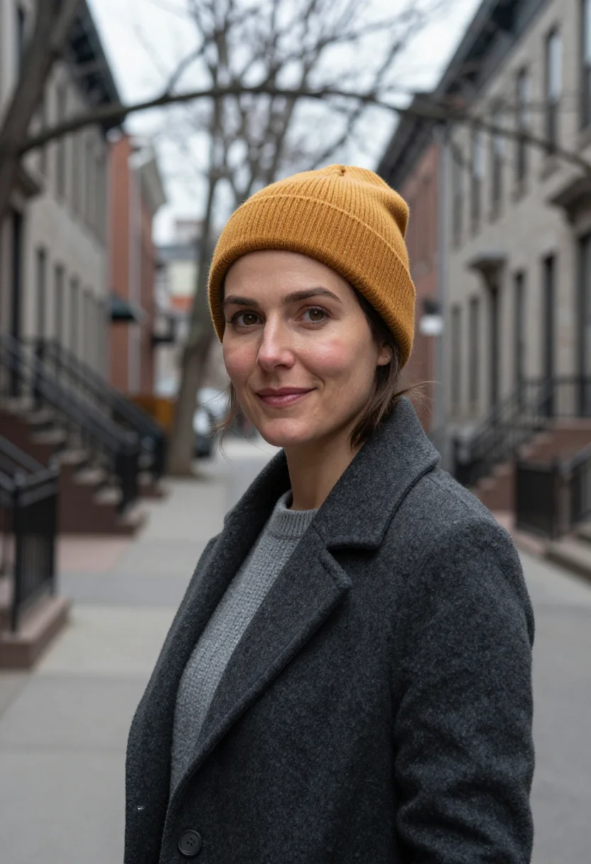 AI montreal mile end designer mustard sample — portrait of a woman, tight head-and-shoulders portrait of a