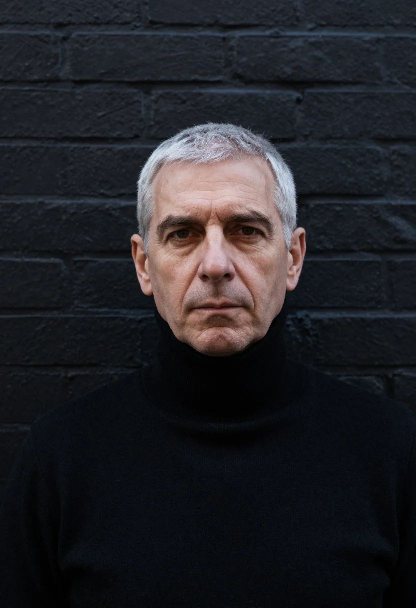AI montreal noir sample — portrait of a man, framed tight, head and shoulders, a Weste