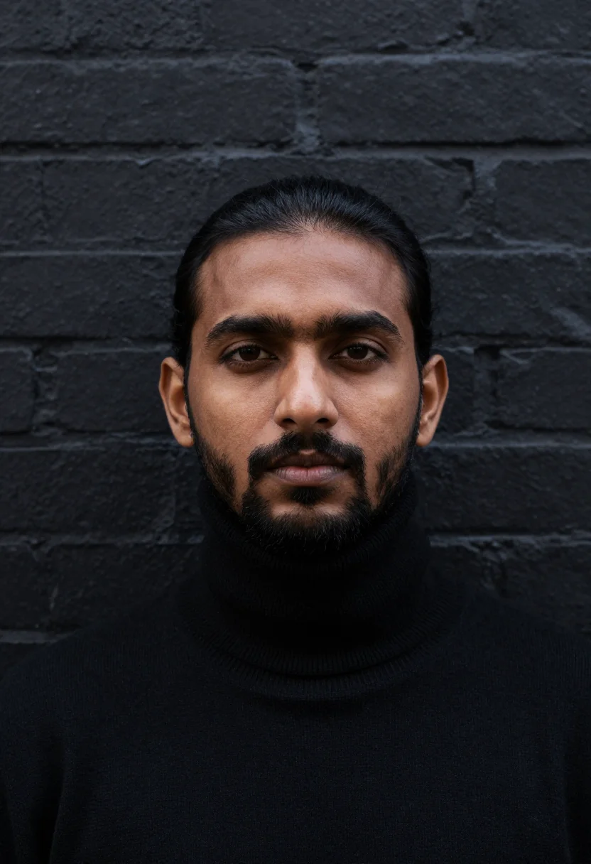 AI montreal noir sample — portrait of a man, framed very tight on the face, a South-As
