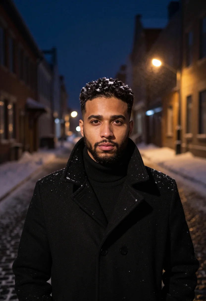 AI montreal noir sample — portrait of a man, framed very tight on the face, a mixed-he
