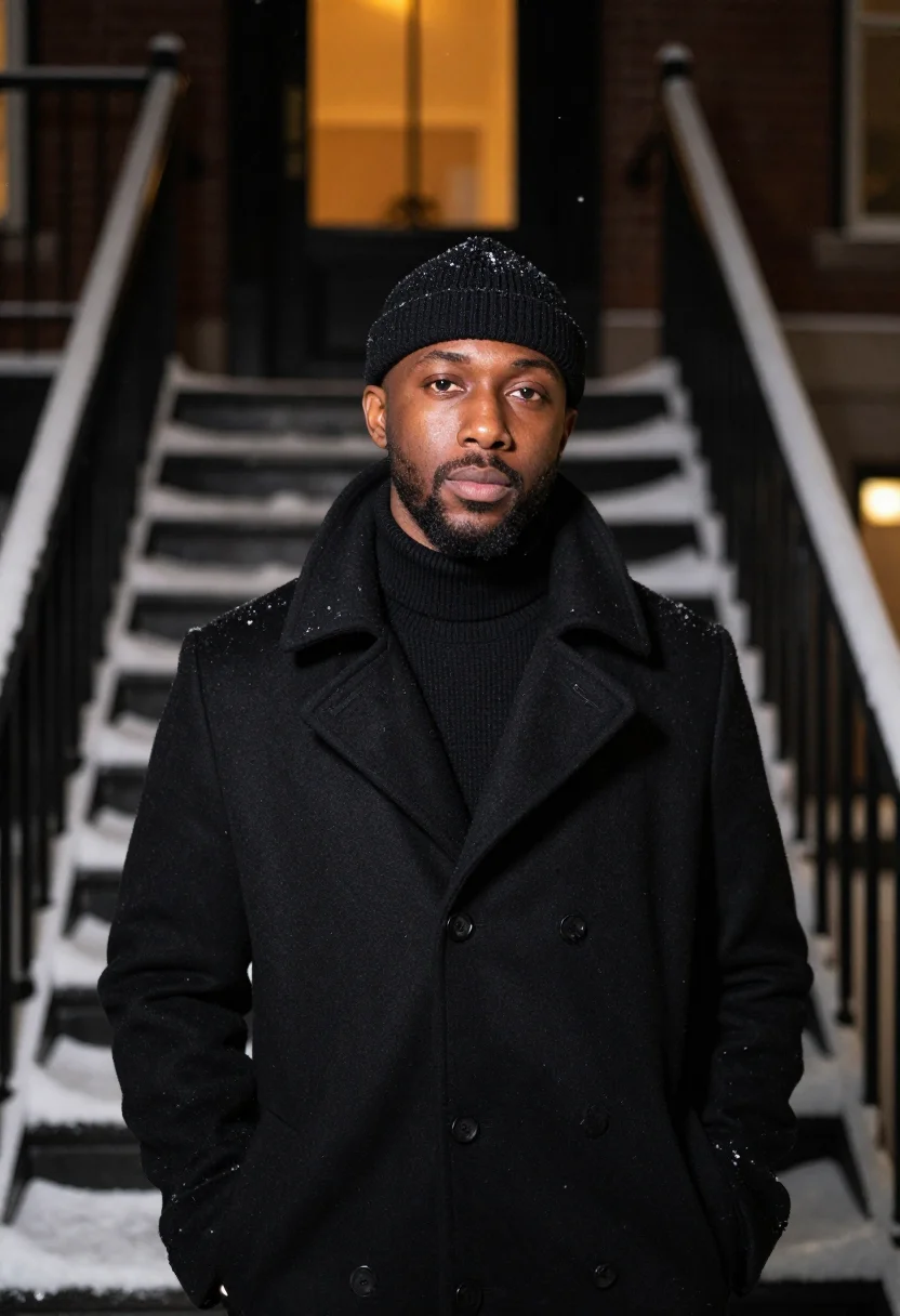 AI montreal noir sample — portrait of a man, framed tight, head and shoulders, a Black