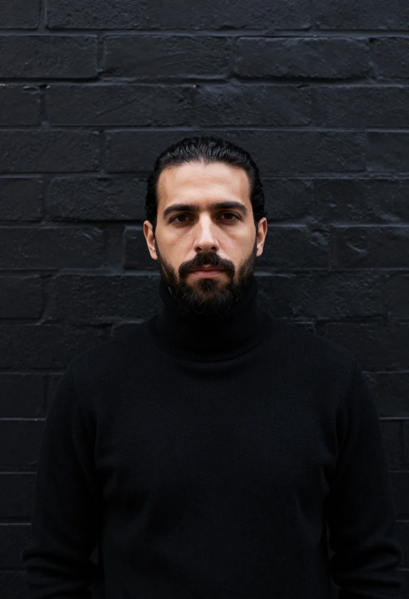 AI montreal noir sample — portrait of a man, framed chest-up, a Mediterranean man in h