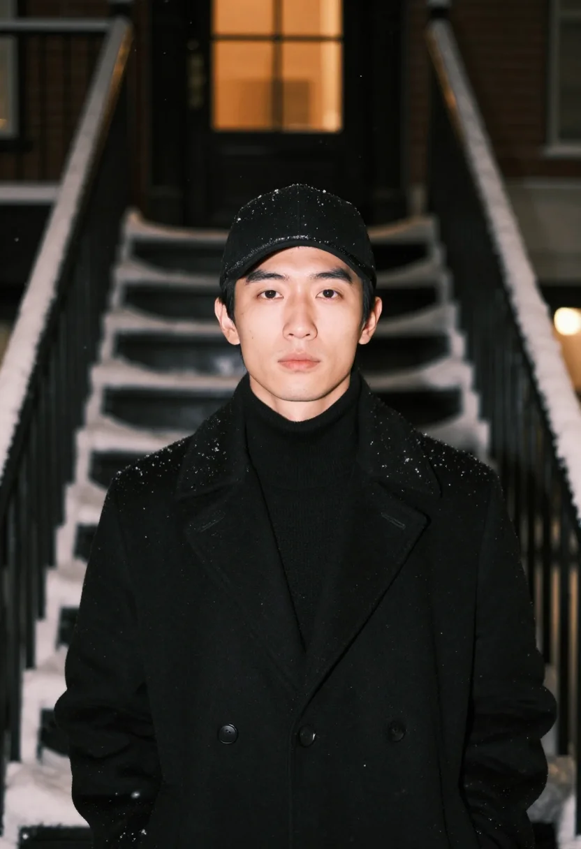 AI montreal noir sample — portrait of a man, framed very tight on the face, an East-As
